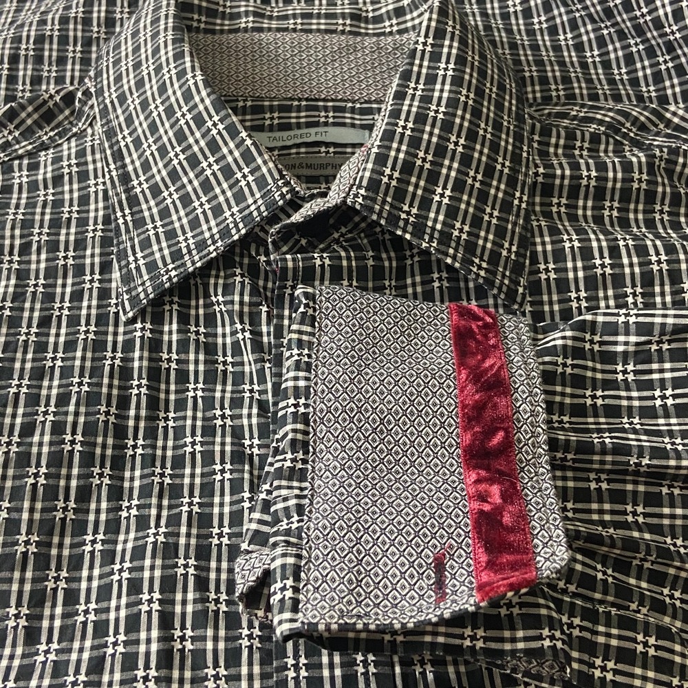 Johnston & Murphy Mens‎ Sz M Shirt Black White Plaid Red Velvet Trim Flip Cuffs
